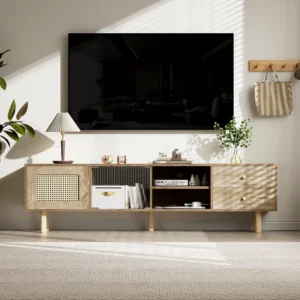 TV-meubel met 2 lades, 1 deur en opbergplanken - 172 x 35 x 48 cm - Spaanplaat - Rotan patroon - Naturel Merax