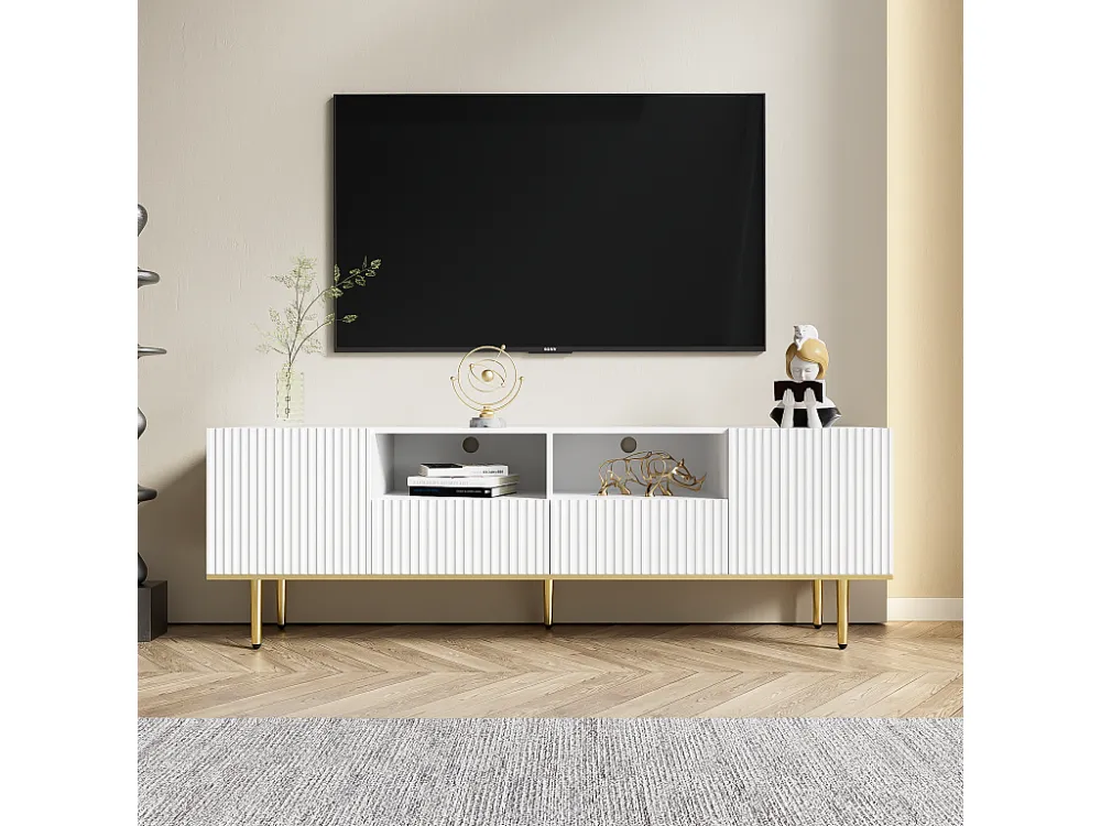 TV-meubel met 2 lades, 2 deuren en 2 nissen - 165x36x55cm - verticaal gestreept patroon - Spaanplaat - wit Merax