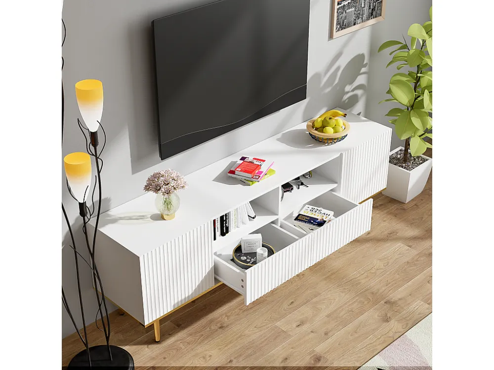 TV-meubel met 2 lades, 2 deuren en 2 nissen - 165x36x55cm - verticaal gestreept patroon - Spaanplaat - wit Merax