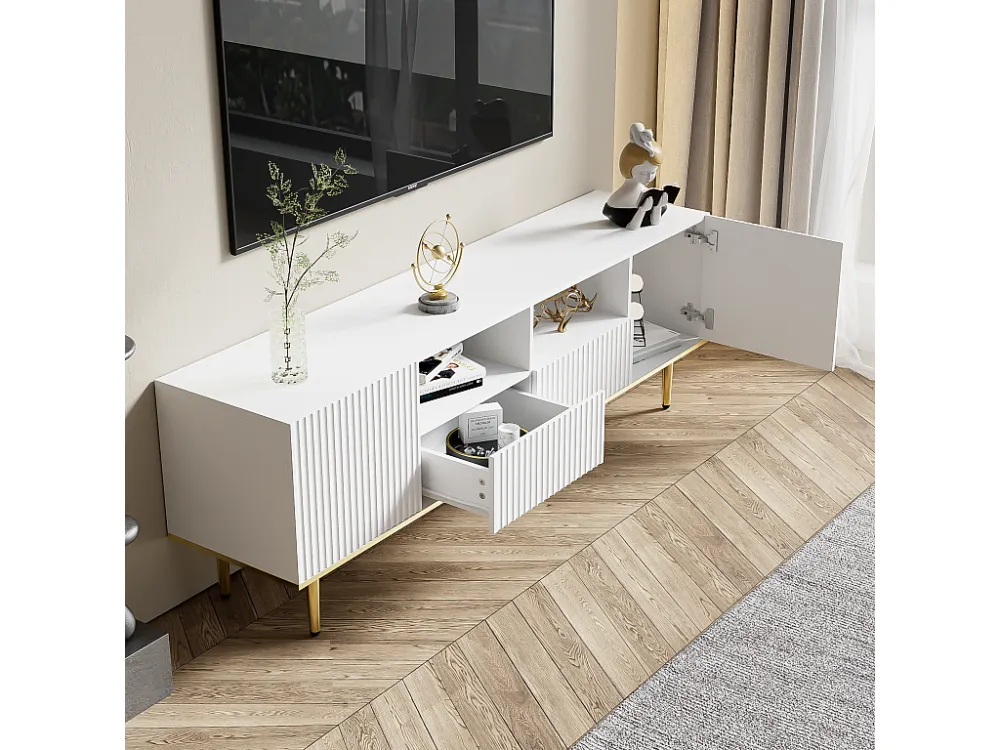 TV-meubel met 2 lades, 2 deuren en 2 nissen - 165x36x55cm - verticaal gestreept patroon - Spaanplaat - wit Merax