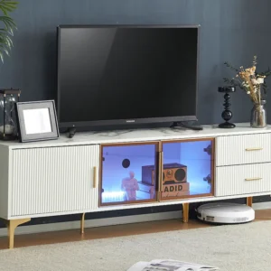 TV-meubel met 2 lades en 3 glazen deuren - 170 x 35 x 50 cm - Spaanplaat - Marmerpatroon - Wit Merax