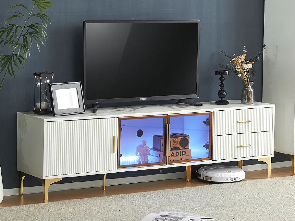 TV-meubel met 2 lades en 3 glazen deuren - 170 x 35 x 50 cm - Spaanplaat - Marmerpatroon - Wit Merax