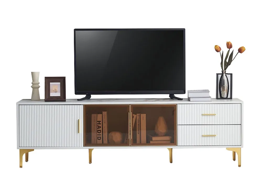 TV-meubel met 2 lades en 3 glazen deuren - 170 x 35 x 50 cm - Spaanplaat - Marmerpatroon - Wit Merax