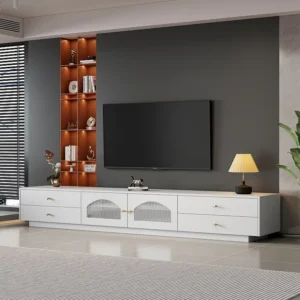 TV-meubel met 4 lades en 2 glazen deuren - 220 x 40 x 33 cm - Spaanplaat - Wit Merax