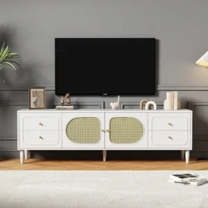 TV-meubel met 4 lades en 2 rotan deuren - 180x40x56,5 cm - Spaanplaat - Wit Merax