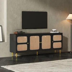 TV-meubel met 2 lades en 4 rotan deuren - 180x40x72 cm - Spaanplaat - Zwart Merax