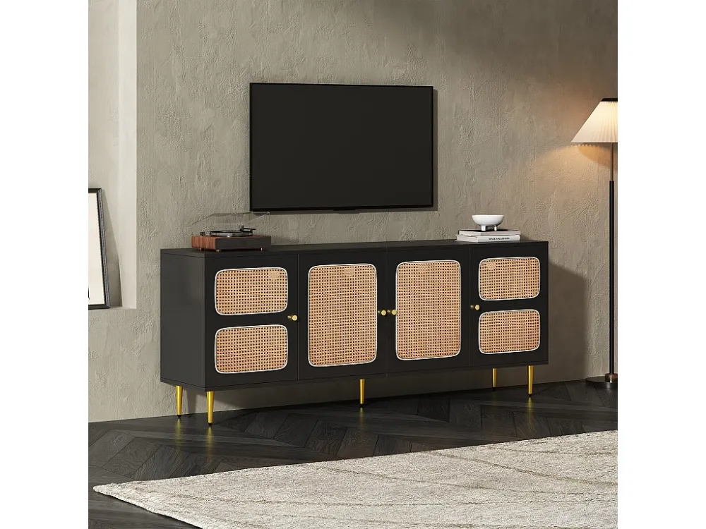 TV-meubel met 2 lades en 4 rotan deuren - 180x40x72 cm - Spaanplaat - Zwart Merax