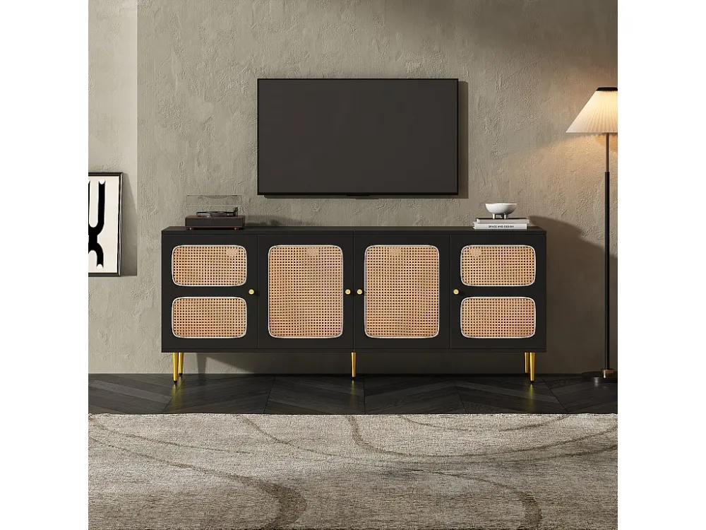 TV-meubel met 2 lades en 4 rotan deuren - 180x40x72 cm - Spaanplaat - Zwart Merax