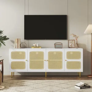 TV-meubel met 2 lades en 4 rotan deuren - 180x40x72 cm - Spaanplaat - Wit Merax