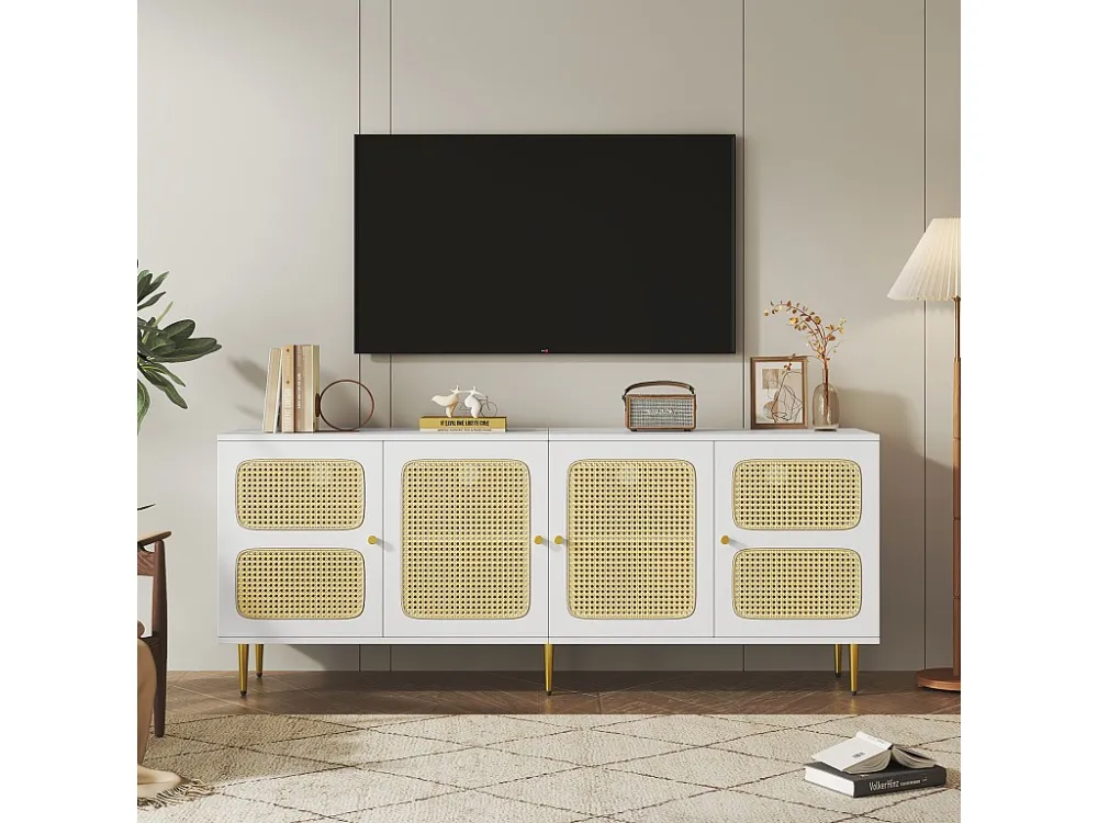 TV-meubel met 2 lades en 4 rotan deuren - 180x40x72 cm - Spaanplaat - Wit Merax