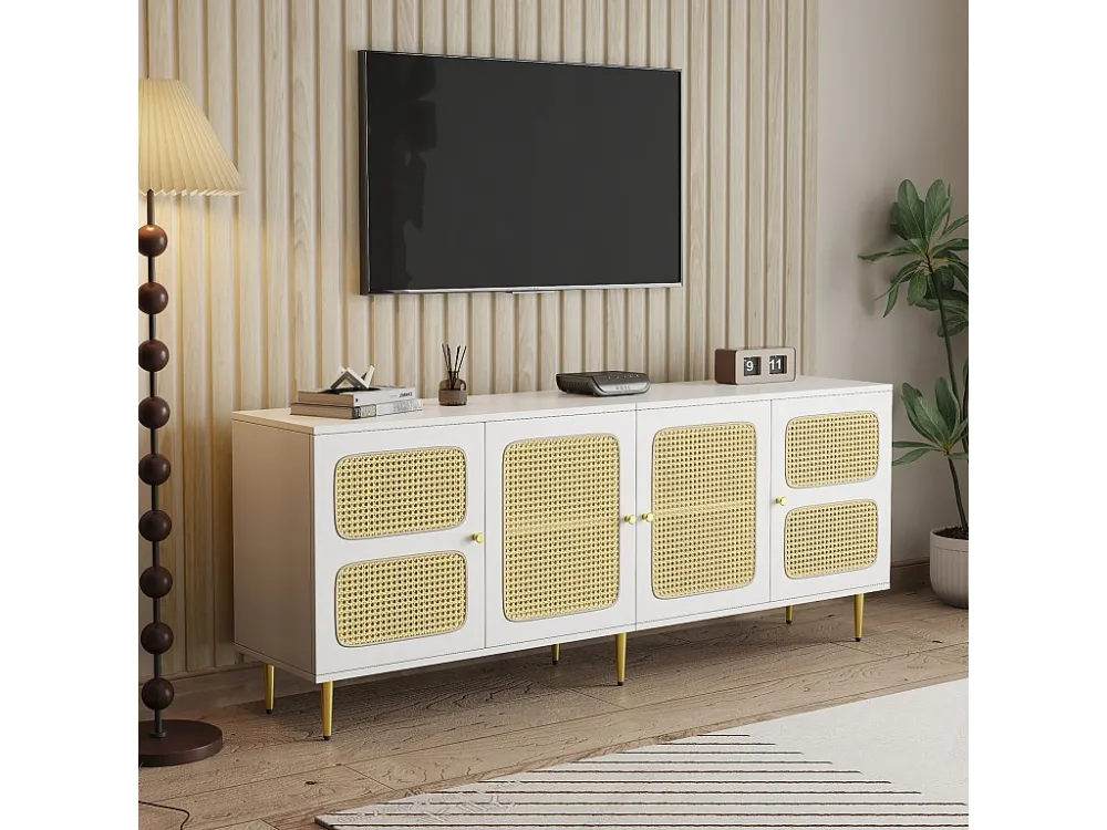 TV-meubel met 2 lades en 4 rotan deuren - 180x40x72 cm - Spaanplaat - Wit Merax