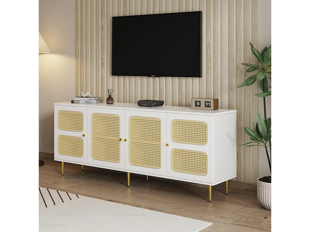 TV-meubel met 2 lades en 4 rotan deuren - 180x40x72 cm - Spaanplaat - Wit Merax