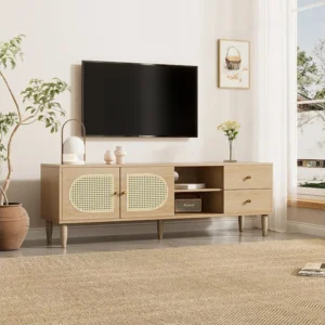 TV-meubel met 2 lades en 2 rotan deuren & 2 nissen - 150 x 40 x 50 cm - Spaanplaat - Eiken Merax