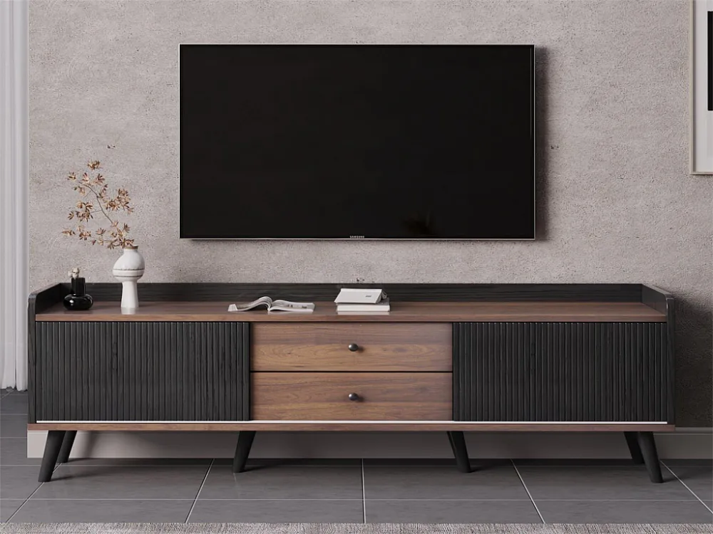 TV-meubel met 2 lades en 2 schuifdeuren - moderne stijl - kleuren: zwart en naturel Merax