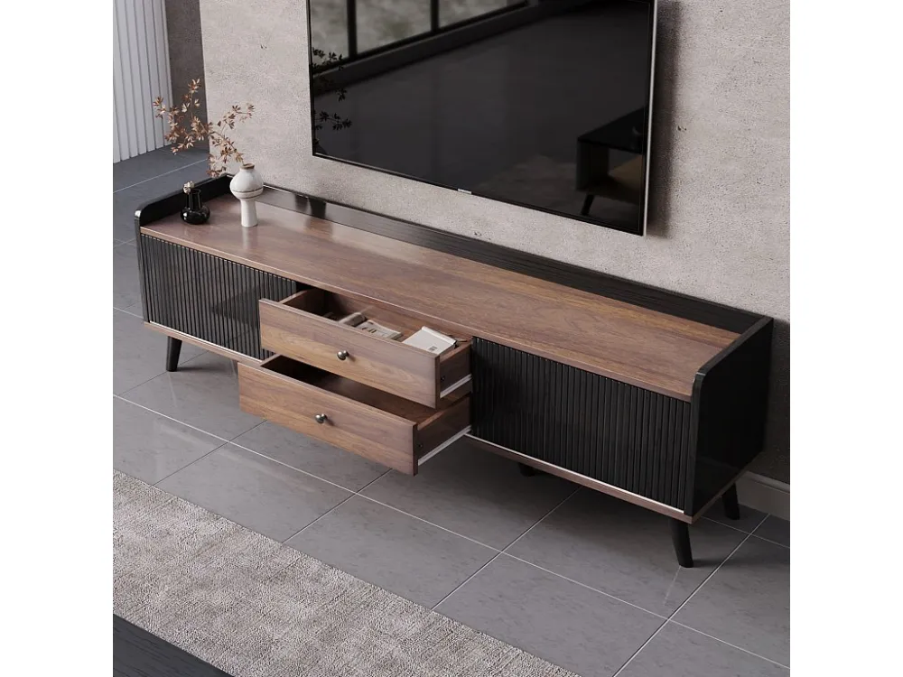 TV-meubel met 2 lades en 2 schuifdeuren - moderne stijl - kleuren: zwart en naturel Merax