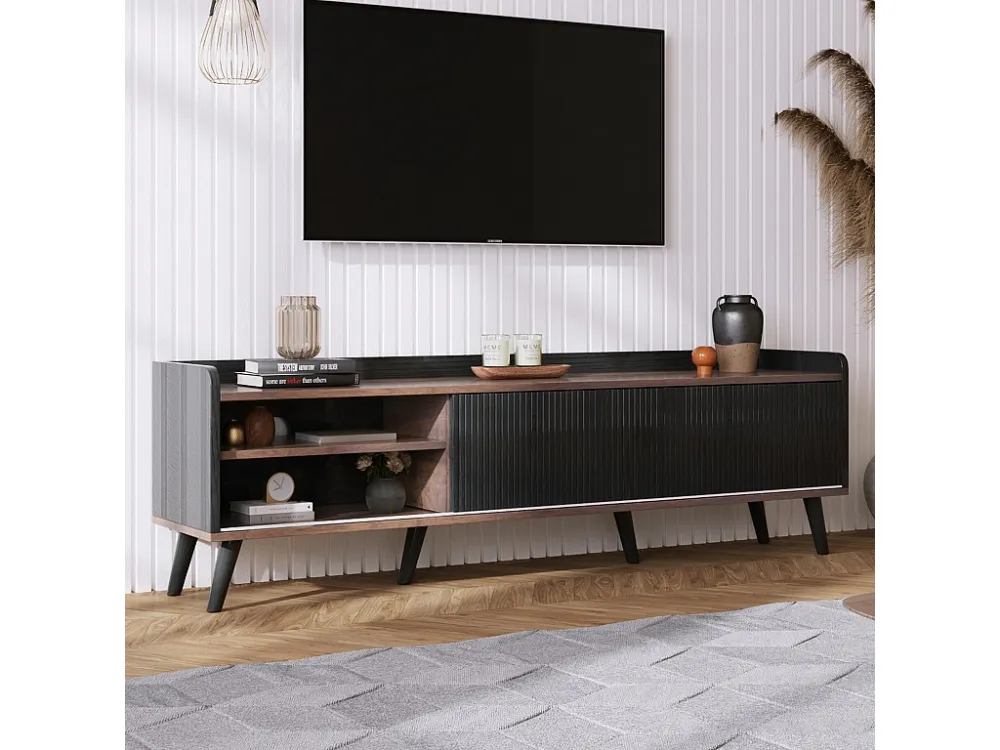 TV-meubel met 2 lades en 2 schuifdeuren - moderne stijl - kleuren: zwart en naturel Merax