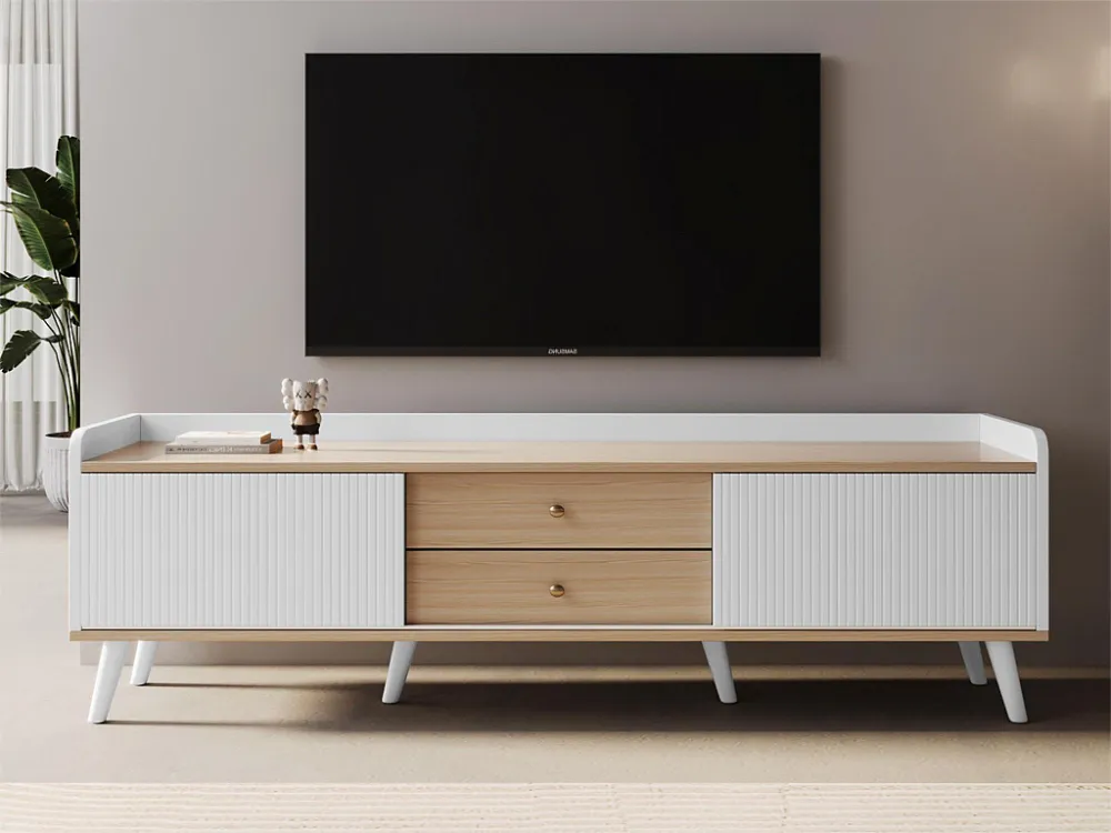 TV-meubel met 2 lades en 2 schuifdeuren - moderne stijl - kleuren: wit en beige Merax