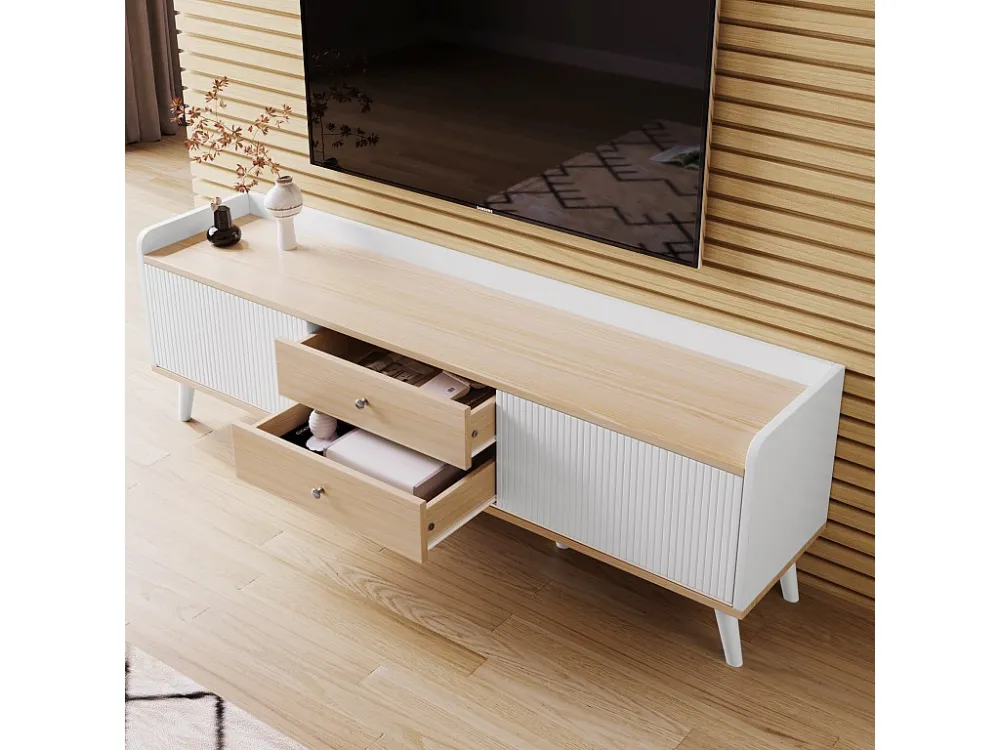 TV-meubel met 2 lades en 2 schuifdeuren - moderne stijl - kleuren: wit en beige Merax