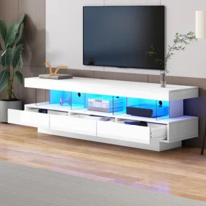 TV-meubel met 3 lades en 3 vakken - 160 x 38 x 50,5 cm - Glazen scheidingswand - LED's - Spaanplaat - Glanzend wit Merax