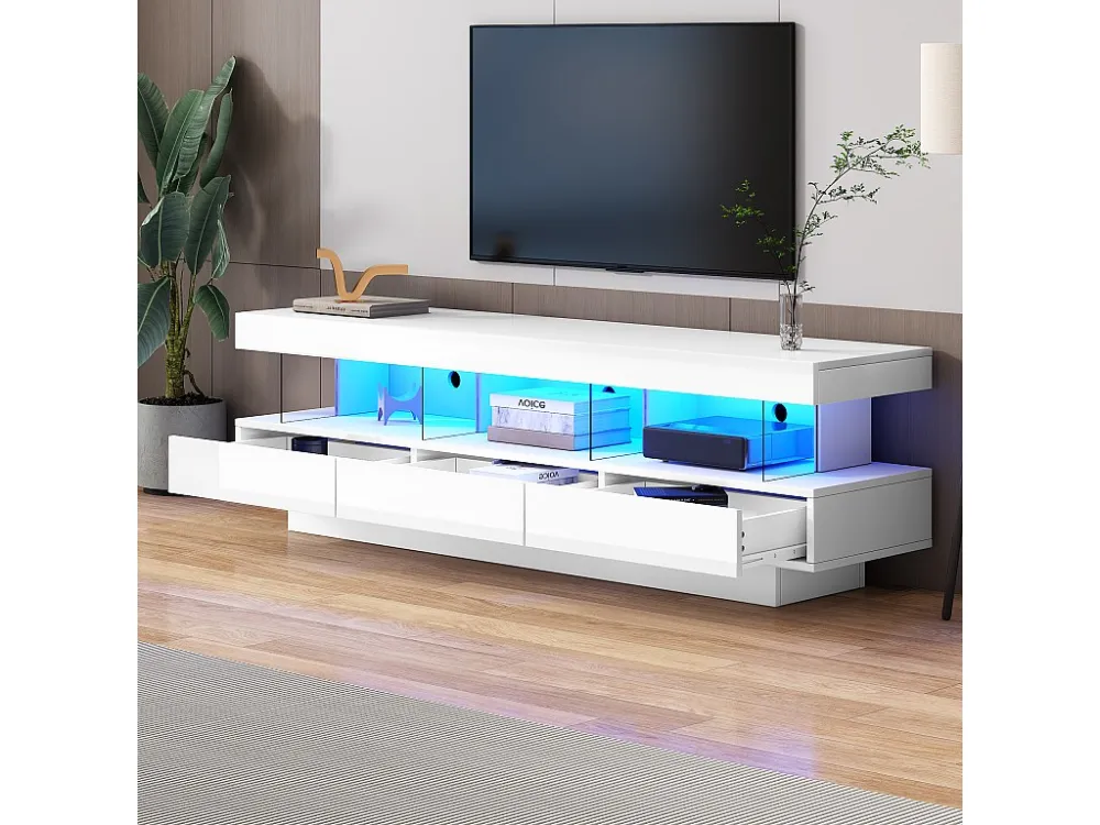 TV-meubel met 3 lades en 3 vakken - 160 x 38 x 50,5 cm - Glazen scheidingswand - LED's - Spaanplaat - Glanzend wit Merax
