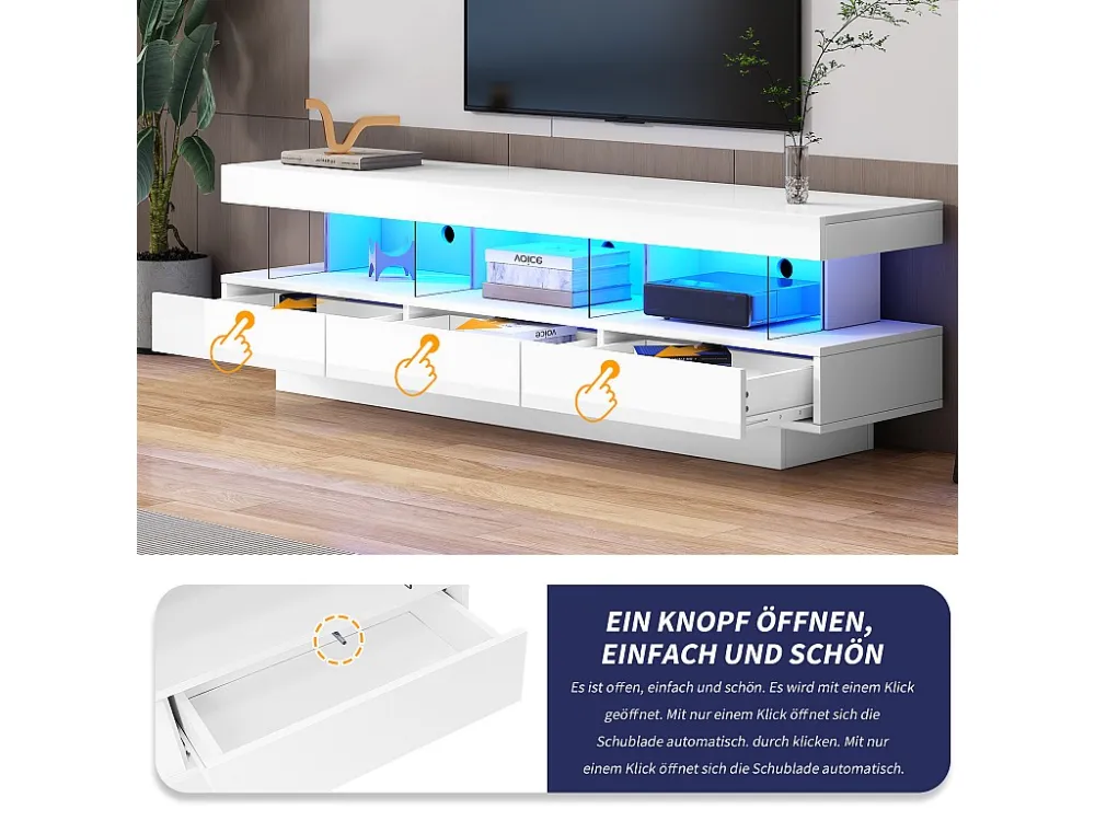 TV-meubel met 3 lades en 3 vakken - 160 x 38 x 50,5 cm - Glazen scheidingswand - LED's - Spaanplaat - Glanzend wit Merax