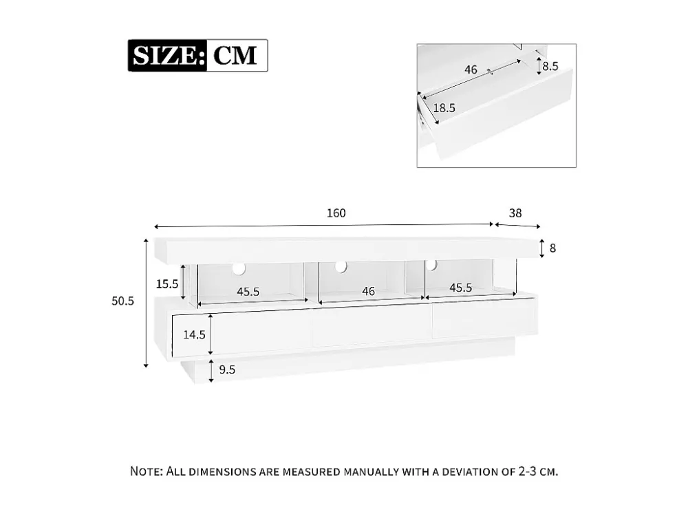 TV-meubel met 3 lades en 3 vakken - 160 x 38 x 50,5 cm - Glazen scheidingswand - LED's - Spaanplaat - Glanzend wit Merax