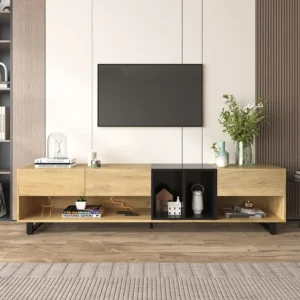 TV-meubel met 3 lades en 4 vakken - 200 x 40 x 50 cm - Spaanplaat - Naturel en zwart Merax