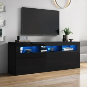TV-meubel met 3 open vakken, 2 deuren en 2 lades - 160 x 35 x 60 cm - Spaanplaat - LED's - Glanzend zwart Merax