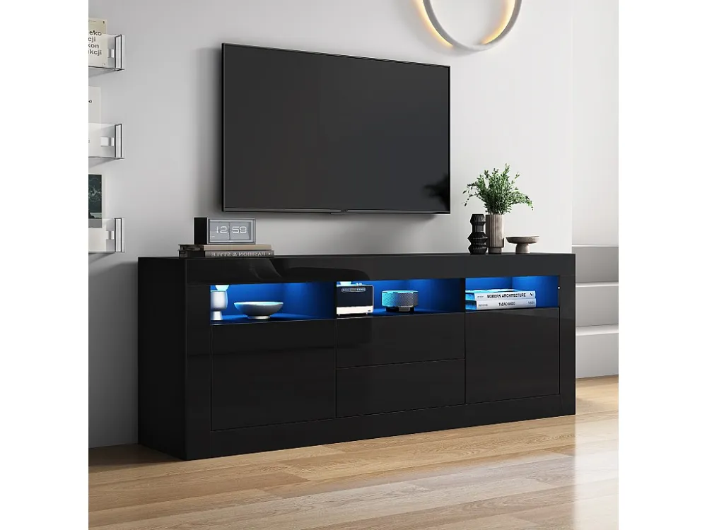 TV-meubel met 3 open vakken, 2 deuren en 2 lades - 160 x 35 x 60 cm - Spaanplaat - LED's - Glanzend zwart Merax