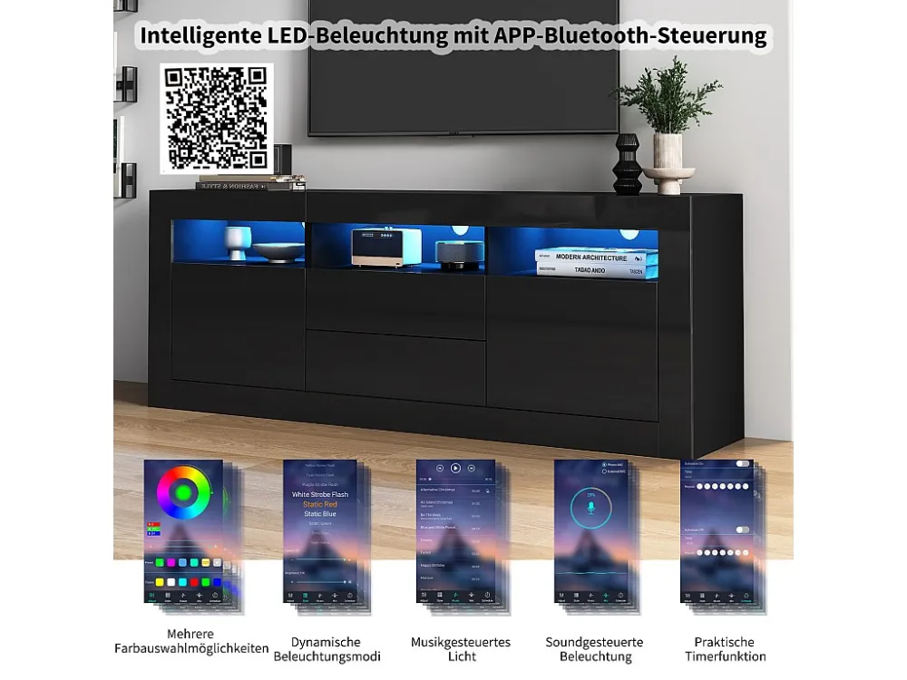 TV-meubel met 3 open vakken, 2 deuren en 2 lades - 160 x 35 x 60 cm - Spaanplaat - LED's - Glanzend zwart Merax