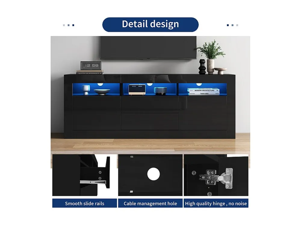 TV-meubel met 3 open vakken, 2 deuren en 2 lades - 160 x 35 x 60 cm - Spaanplaat - LED's - Glanzend zwart Merax