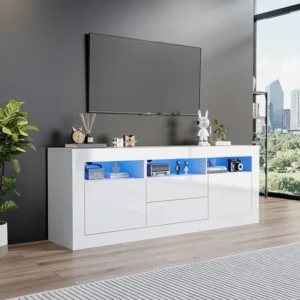 TV-meubel met 3 open vakken, 2 deuren en 2 lades - 160 x 35 x 60 cm - Spaanplaat - LED's - Glanzend wit Merax