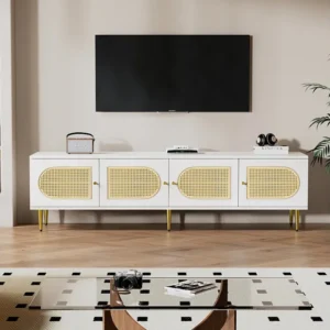 TV-meubel met 4 rotan deuren - 180 x 40 x 50 cm - Goudkleurige metalen poten en spaanplaat - Wit Merax