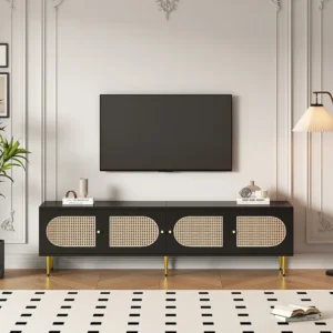 TV-meubel met 4 rotan deuren - 180 x 40 x 50 cm - Goudkleurige metalen poten en spaanplaten - Zwart Merax