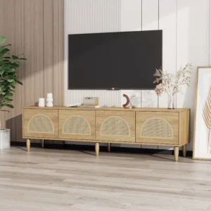 TV-meubel met 4 rotan deuren - 180 x 40 x 51 cm - Verstelbare poten - Spaanplaat - Eiken Merax