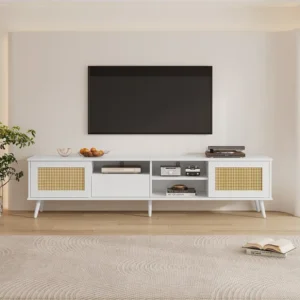 TV-meubel met 2 rotan deuren, 1 lade en 3 open vakken - 200 x 40 x 49 cm - spaanplaat - Wit Merax