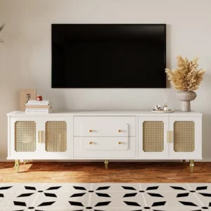 TV-meubel met 4 rotan deuren en 2 lades - 175x38x55,5cm - Spaanplaat - Gouden handgrepen en poten - wit Merax