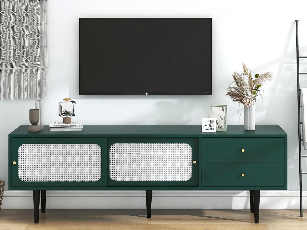 TV-meubel van 120 cm - 2 schuifdeuren en 2 lades - MDF groen fineer en zwart metaal Merax