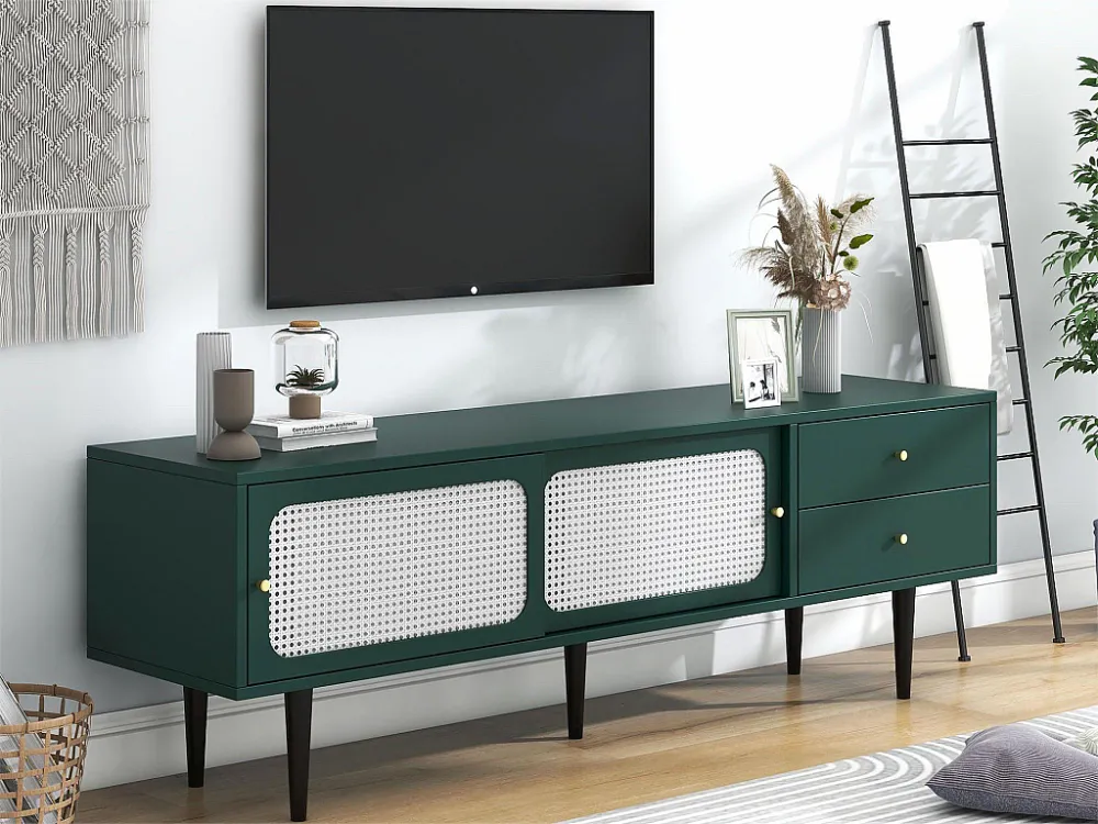 TV-meubel van 120 cm - 2 schuifdeuren en 2 lades - MDF groen fineer en zwart metaal Merax