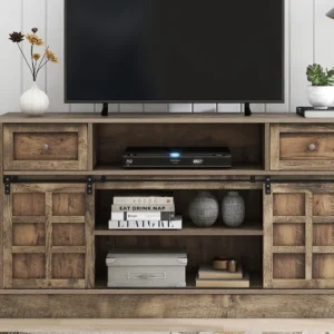 TV-meubel van 150 cm - 2 schuifdeuren, 2 laden en 3 verstelbare planken - LED's - grijs houteffect Merax