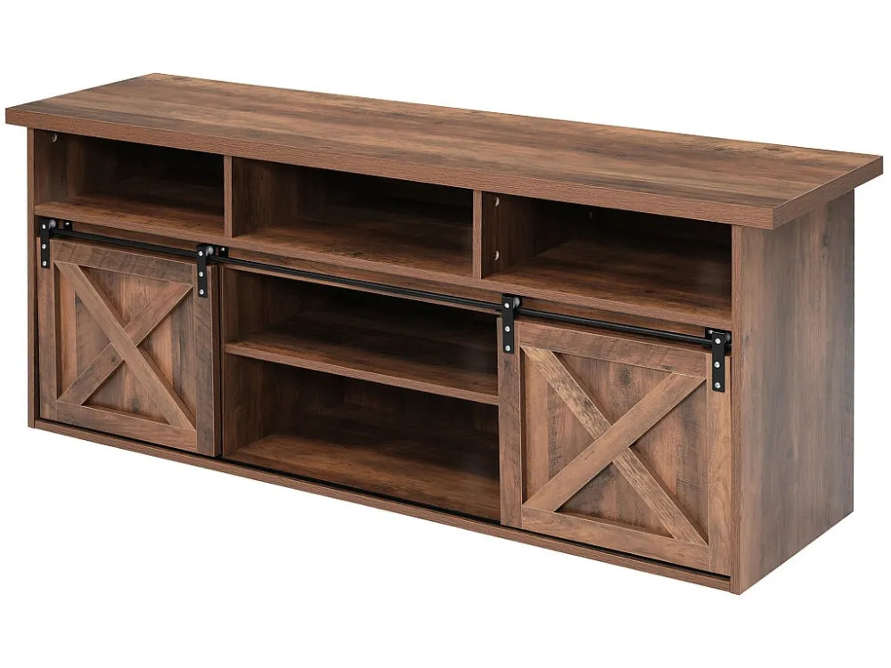 TV-meubel van 150 cm - 2 schuifdeuren, 2 laden en 3 verstelbare planken - LED's - bruin houteffect Merax