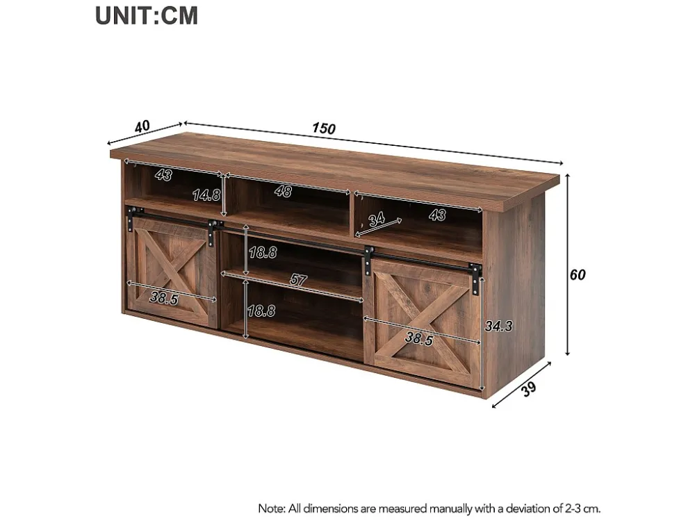 TV-meubel van 150 cm - 2 schuifdeuren, 2 laden en 3 verstelbare planken - LED's - bruin houteffect Merax