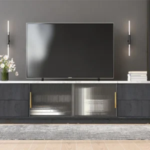 TV-meubel van 160 m voor 70 inch TV - bovenblad gemarmerd grijs - 4 lades en 2 glazen schuifdeuren - matzwart Merax