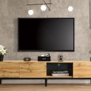 TV-meubel van 175 cm - 3 deuren en glazen plank - LED's - MDF-hout - natuurlijke kleur Merax