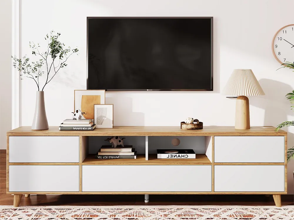 TV-meubel van 175 cm - 5 deuren en 2 nissen - MDF - wit en natuurlijke kleur Merax