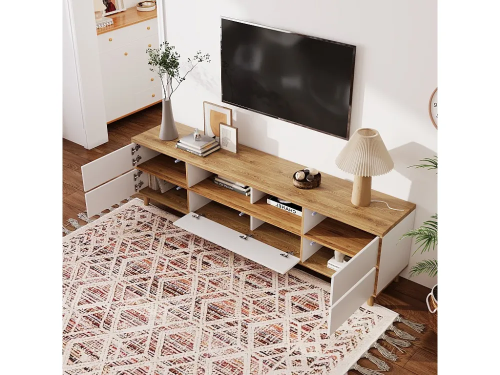 TV-meubel van 175 cm - 5 deuren en 2 nissen - MDF - wit en natuurlijke kleur Merax