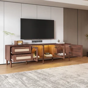 TV-meubel van 180 cm voor 80" televisie met 2 rotan lades, 2 gebogen glazen deuren en 1 rotan deur, LED-verlichting,...