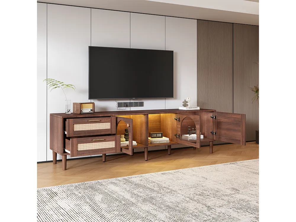 TV-meubel van 180 cm voor 80" televisie met 2 rotan lades, 2 gebogen glazen deuren en 1 rotan deur, LED-verlichting,...