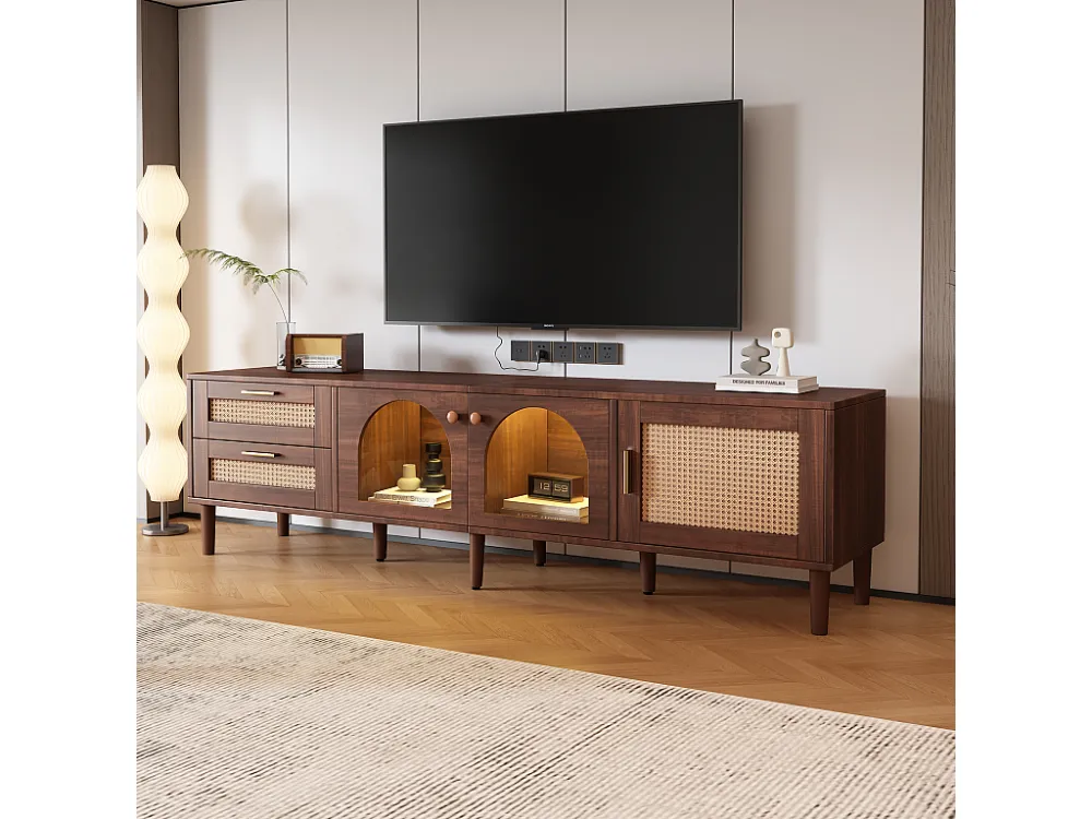 TV-meubel van 180 cm voor 80" televisie met 2 rotan lades, 2 gebogen glazen deuren en 1 rotan deur, LED-verlichting,...