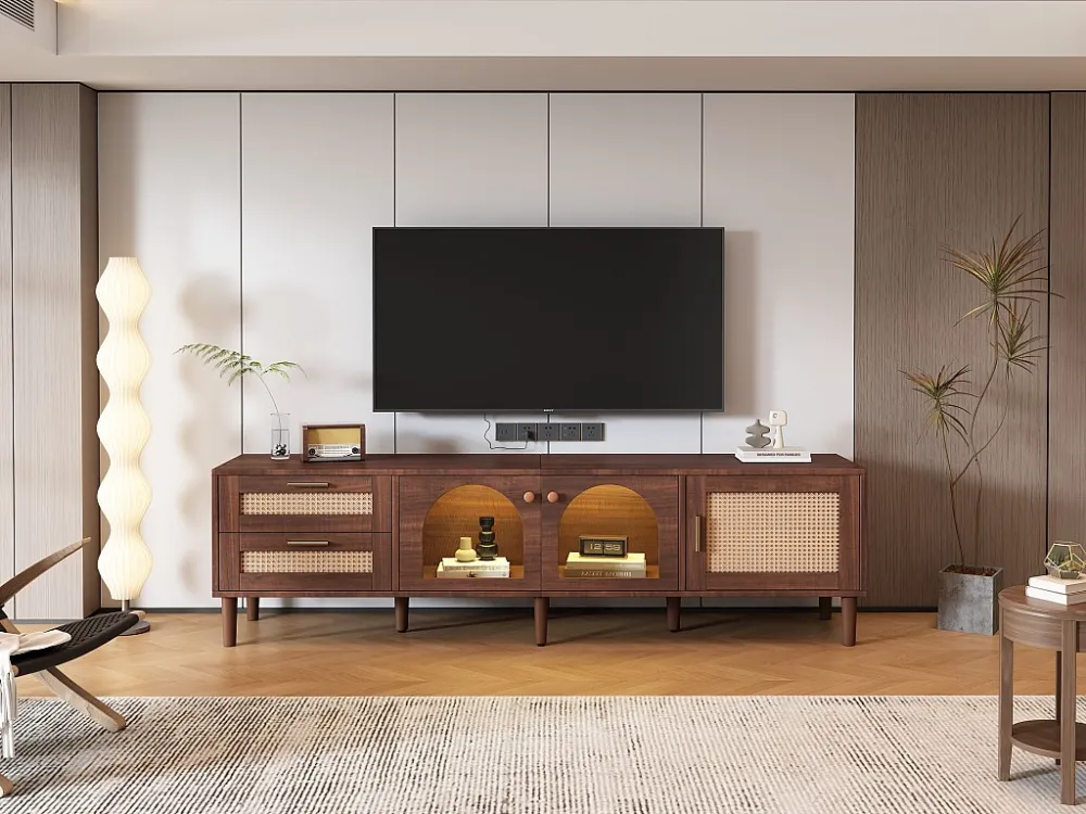 TV-meubel van 180 cm voor 80" televisie met 2 rotan lades, 2 gebogen glazen deuren en 1 rotan deur, LED-verlichting,...